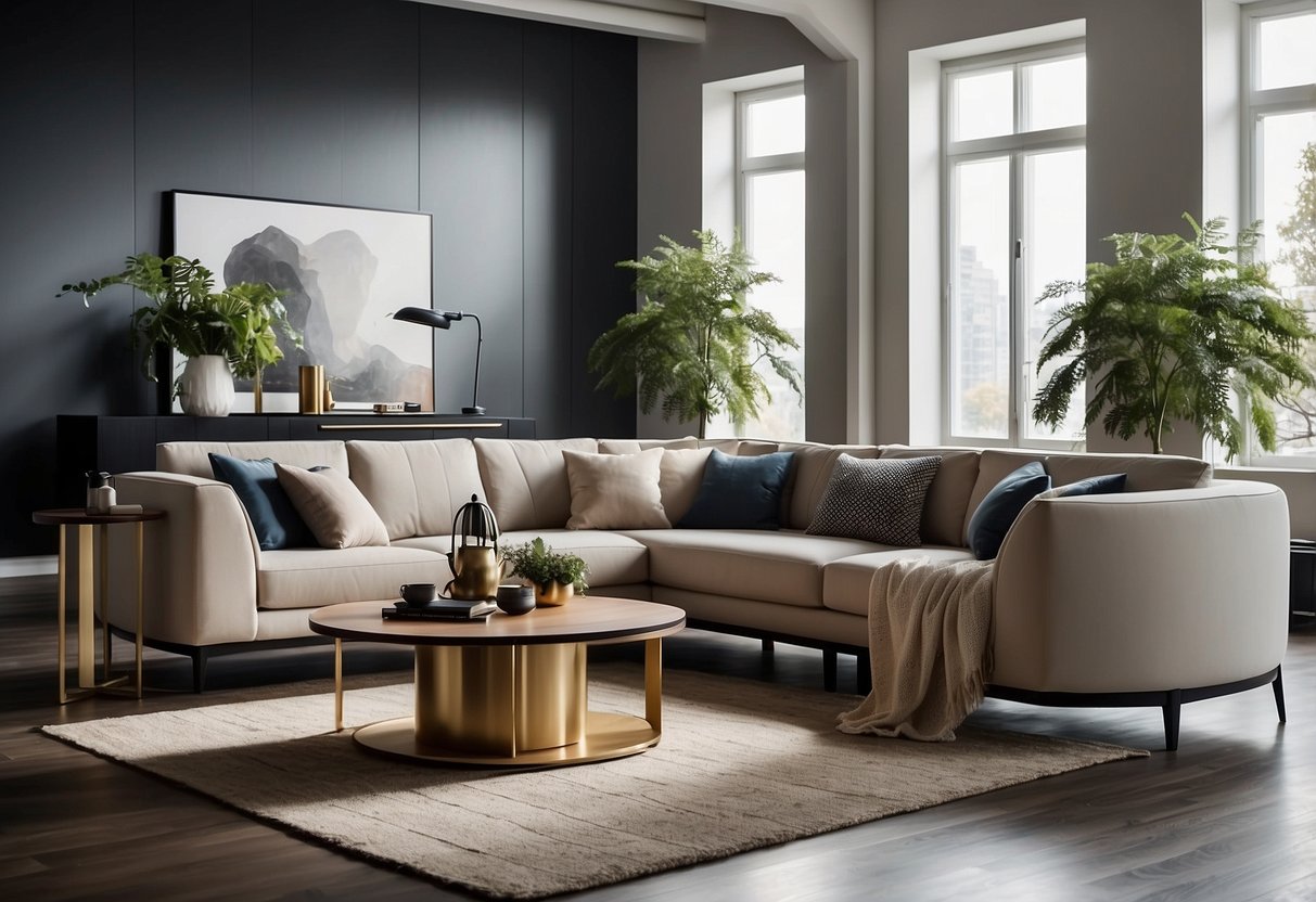 A modern living room with Mondi furniture, featuring a sleek sofa, minimalist coffee table, and abstract wall art