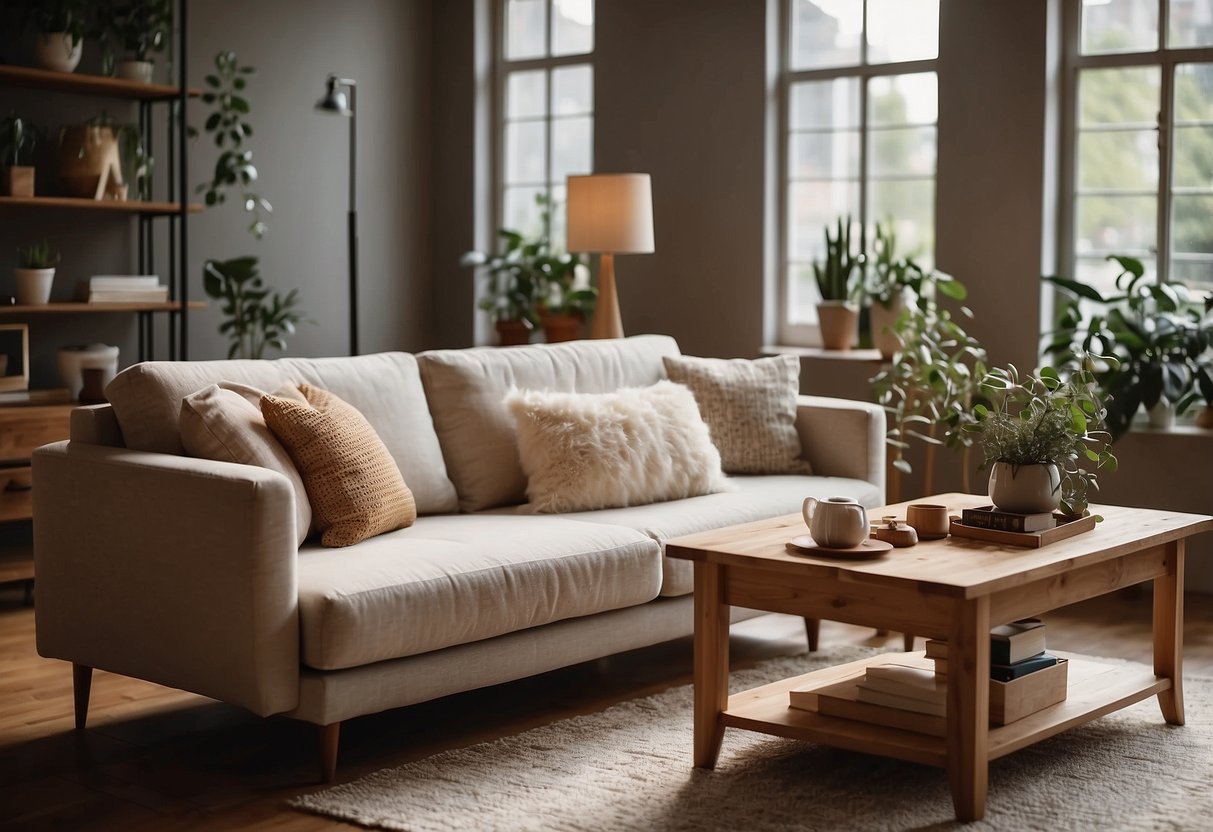 A cozy living room with a comfortable sofa, a stylish coffee table, and a soft rug. The room is filled with warm natural light and decorated with tasteful accessories