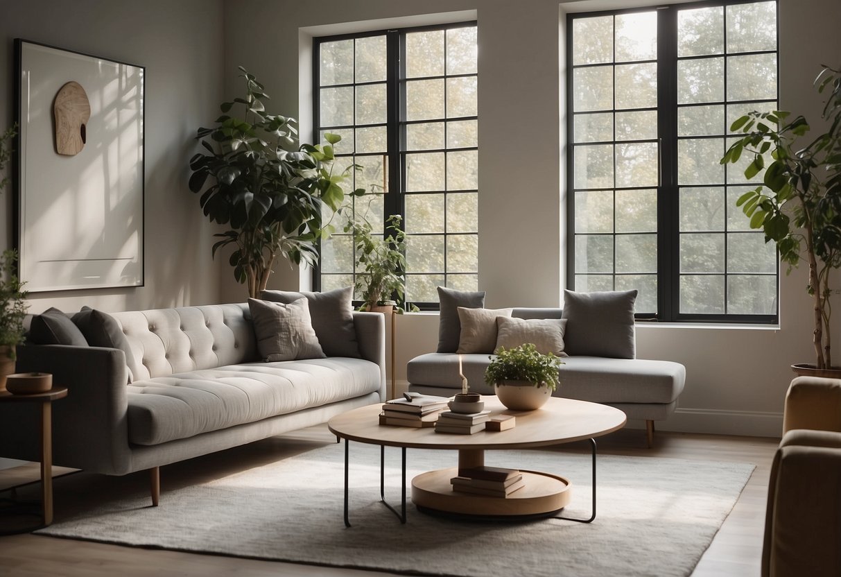 A modern living room with sleek furniture, a cozy sofa, and a stylish coffee table. The room is filled with natural light and adorned with elegant decor