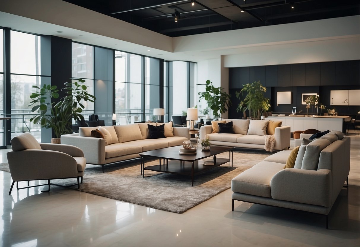 A spacious showroom filled with sleek, modern furniture. Clean lines, muted colors, and elegant designs create a sophisticated atmosphere