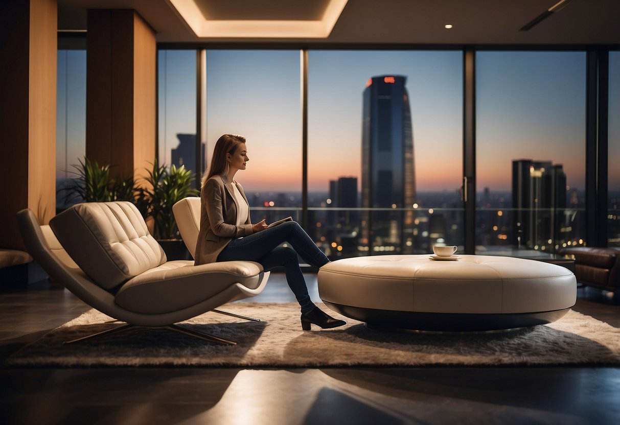 A customer sits comfortably on a Mondi furniture piece, admiring the sleek design and luxurious feel. The room is filled with soft lighting and modern decor, creating a welcoming and elegant atmosphere