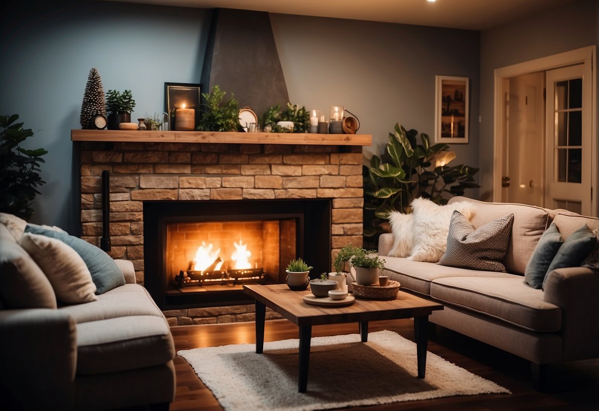 A cozy living room with a Homemakers furniture set, soft lighting, and a family gathered around a fireplace