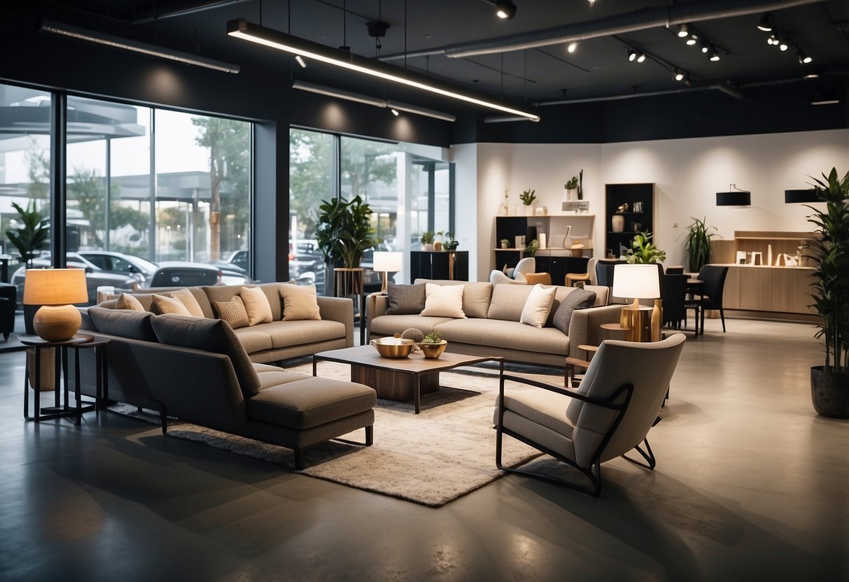 A modern furniture showroom with customers browsing and staff assisting. Displayed items include sofas, tables, and chairs. Bright lighting and clean, minimalist decor