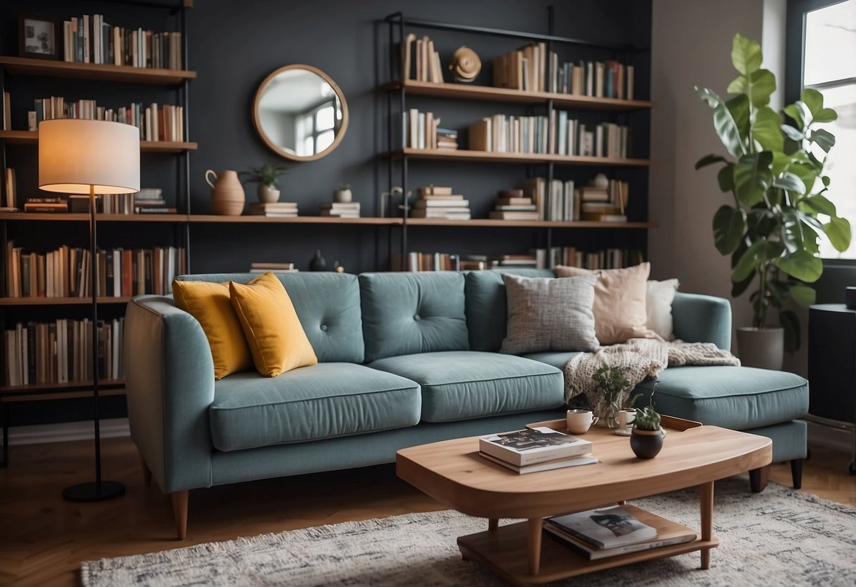 A cozy living room with a comfortable sofa, a stylish coffee table, and a bookshelf filled with books and decorative items