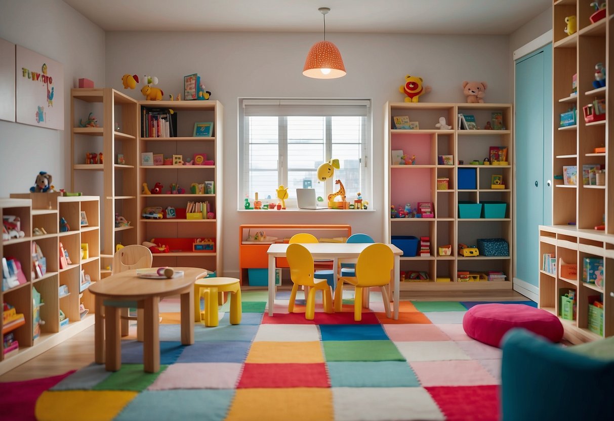 A colorful playroom with small tables, chairs, and bookshelves from IKEA's children's furniture collection. Toys and books are neatly organized on the shelves