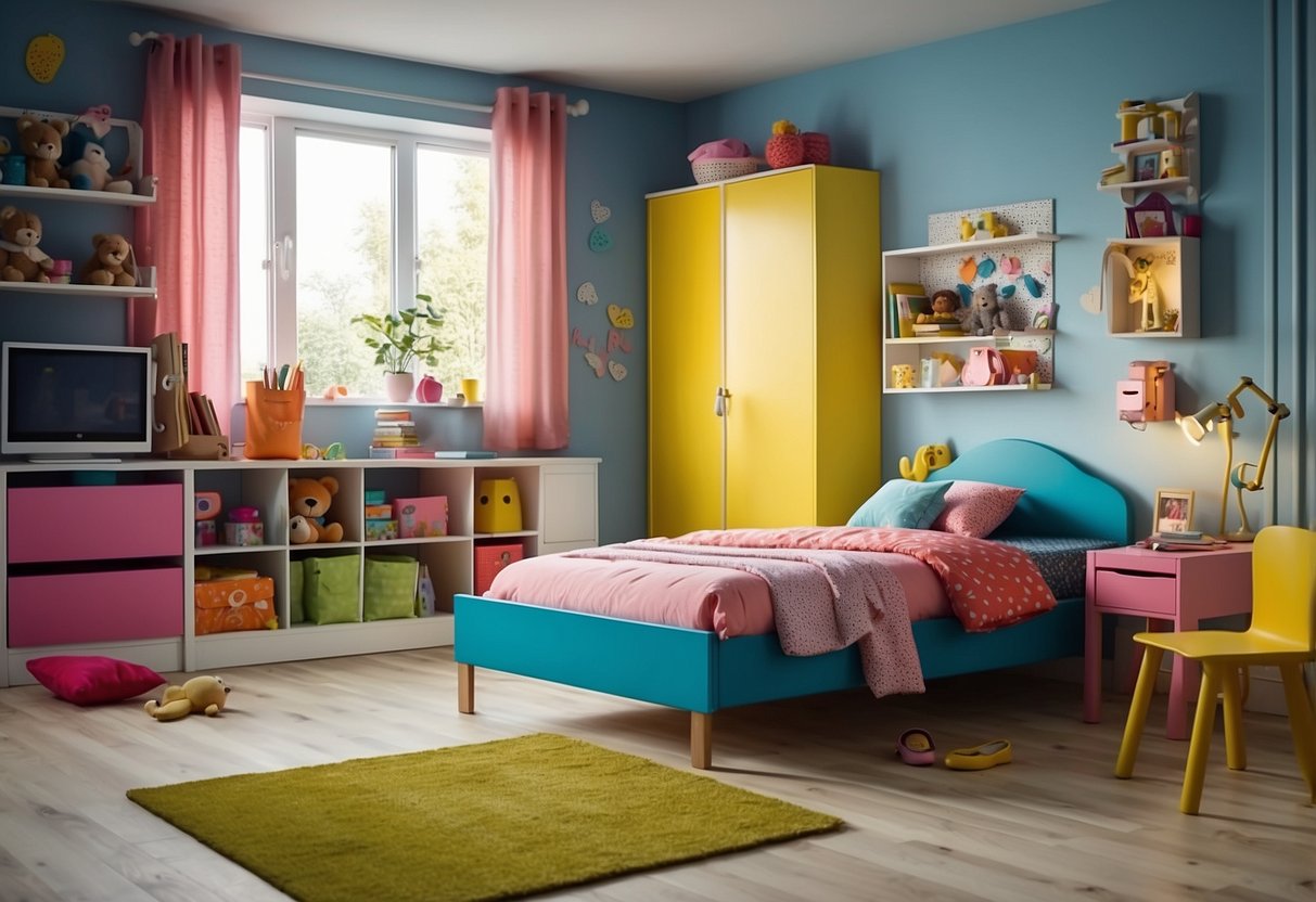 A colorful child's room with IKEA children's furniture, including a cozy bed, a playful study area, and plenty of storage for toys and books