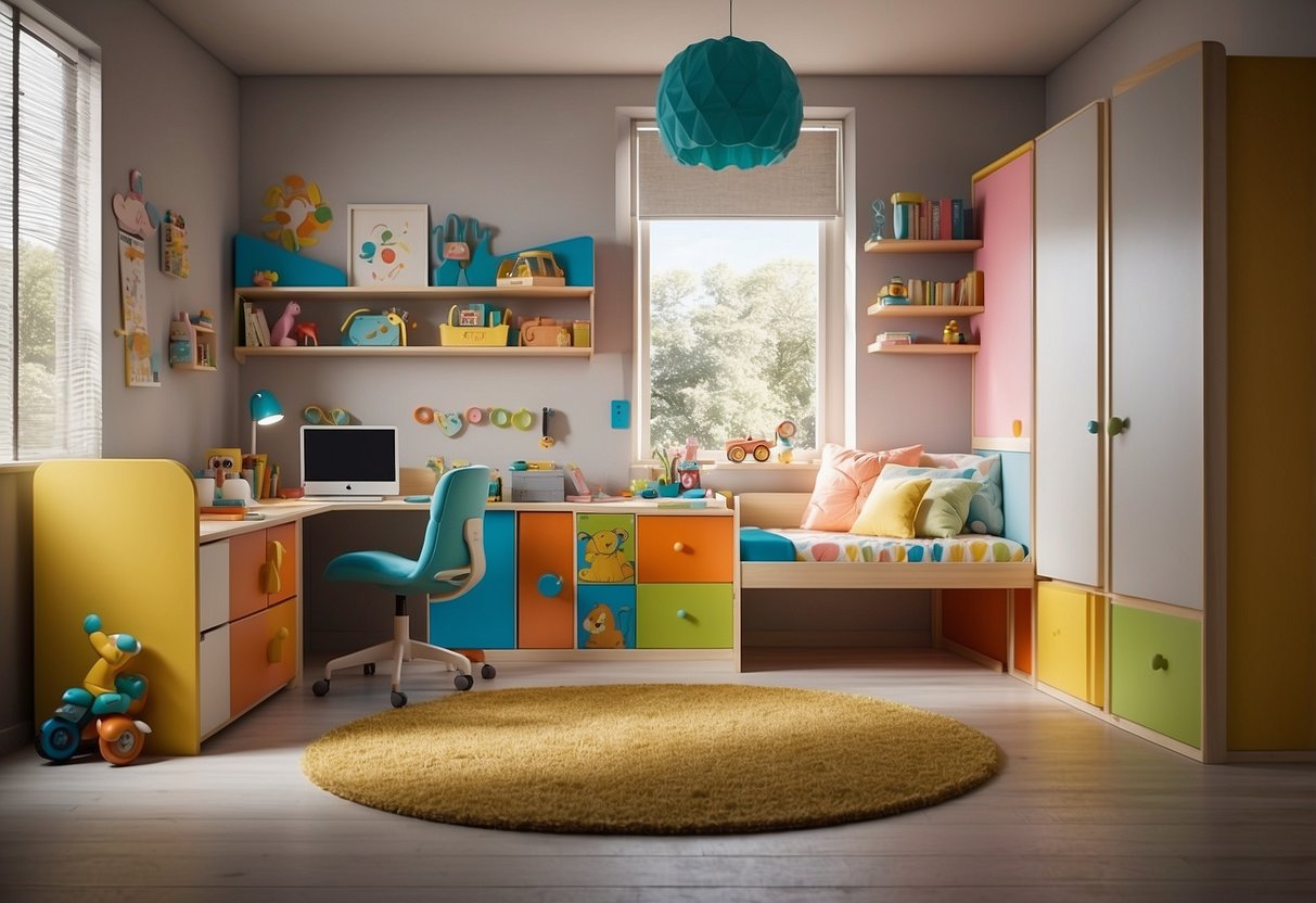 A child's room with sturdy, colorful furniture, safety locks, and rounded edges. Quality materials and easy-to-clean surfaces