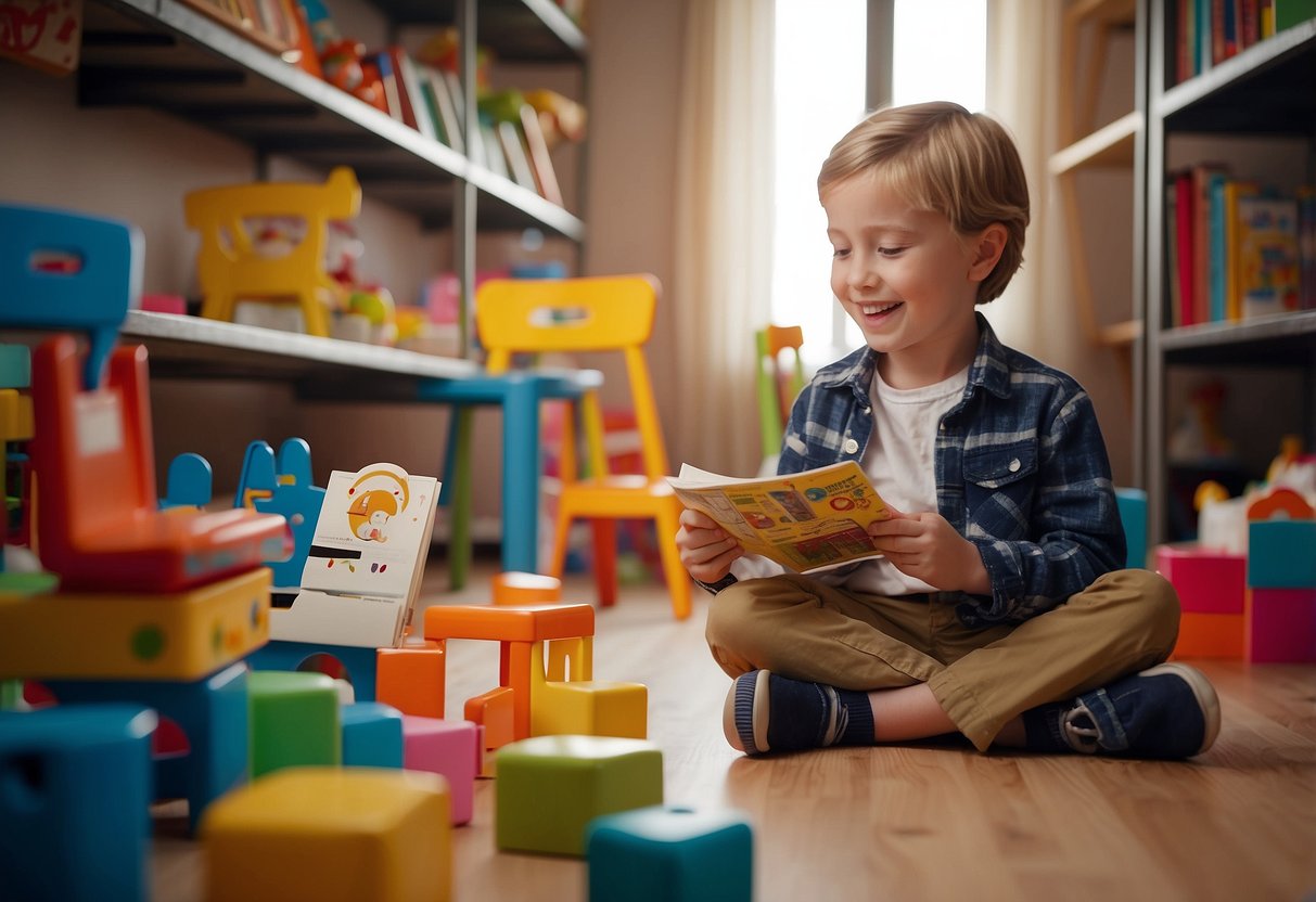 A child happily plays with colorful IKEA children's furniture while a parent reads a "Frequently Asked Questions" pamphlet