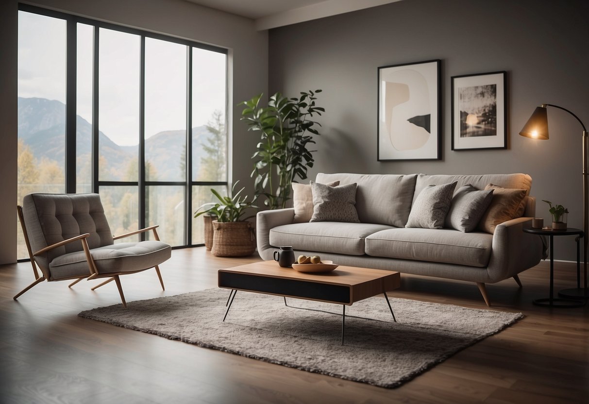 A cozy living room with a modern Izzy furniture set, featuring a sleek sofa, a stylish coffee table, and a contemporary armchair
