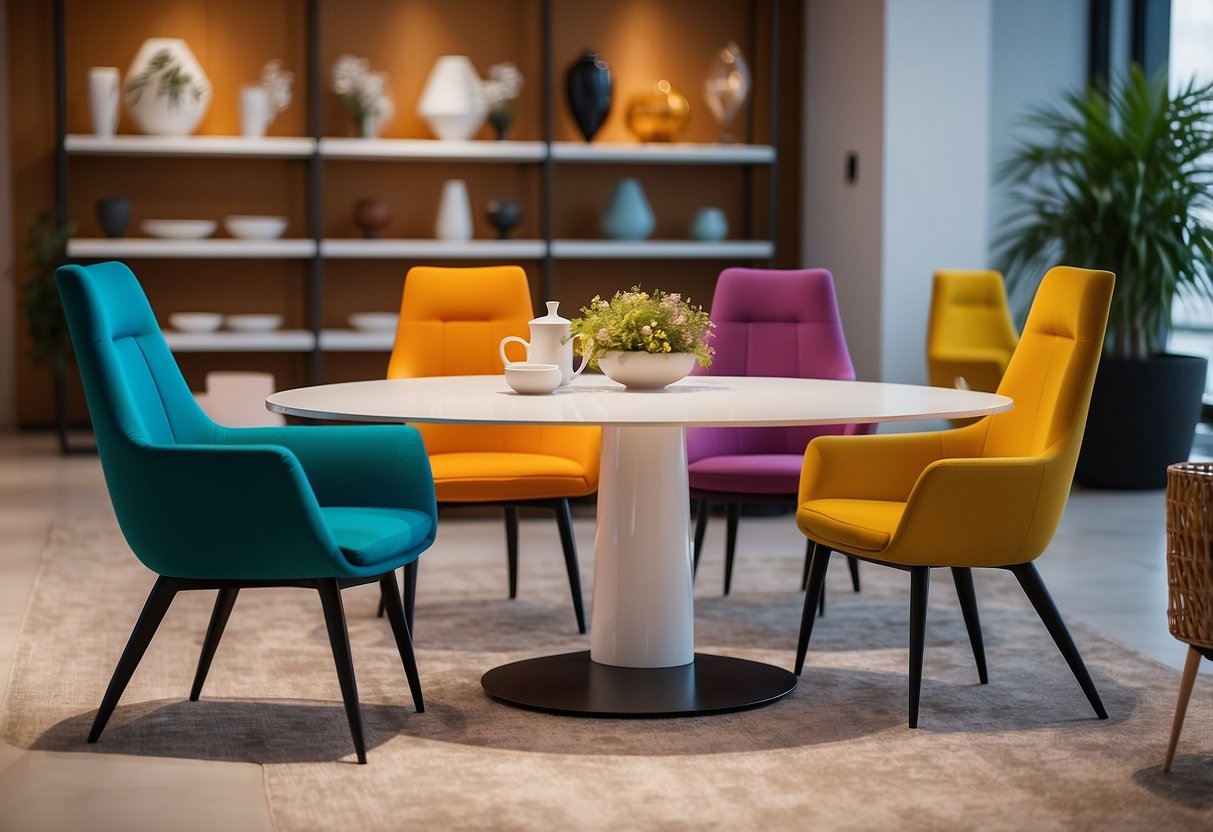 People walking around modern izzy furniture showroom. Bright, open space with sleek designs and vibrant colors. Tables, chairs, and other pieces on display