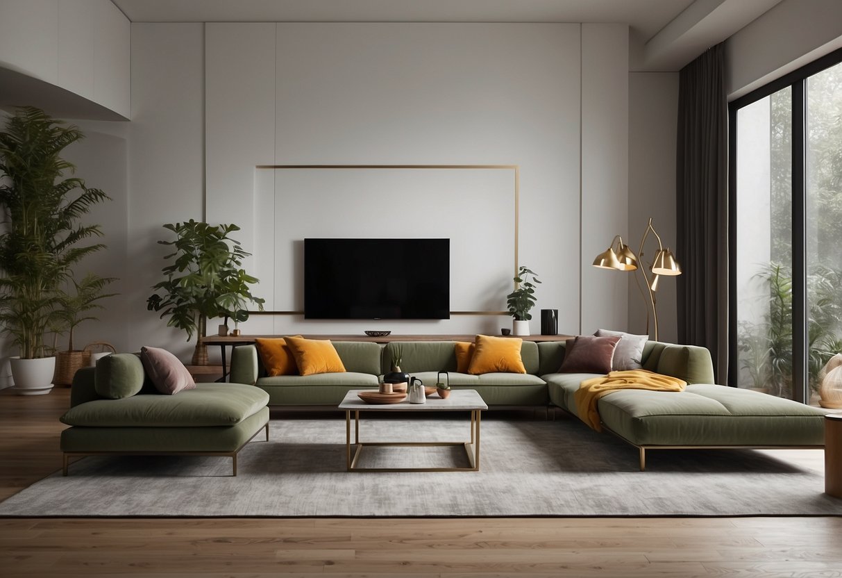 A modern living room with Izzy+ furniture range, featuring sleek designs and vibrant colors