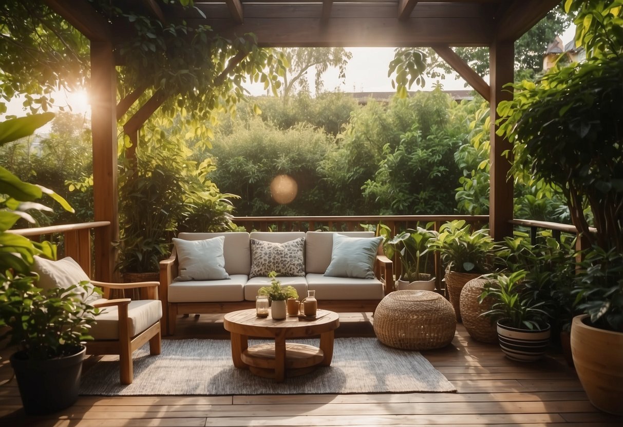 A cozy patio with teak furniture, surrounded by lush greenery and bathed in warm sunlight