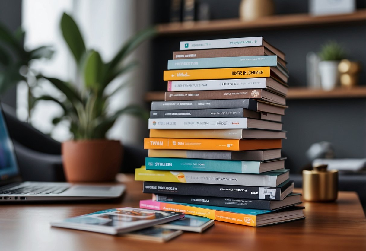 A stack of colorful brochures on a modern desk with a laptop and a phone, surrounded by stylish furniture pieces