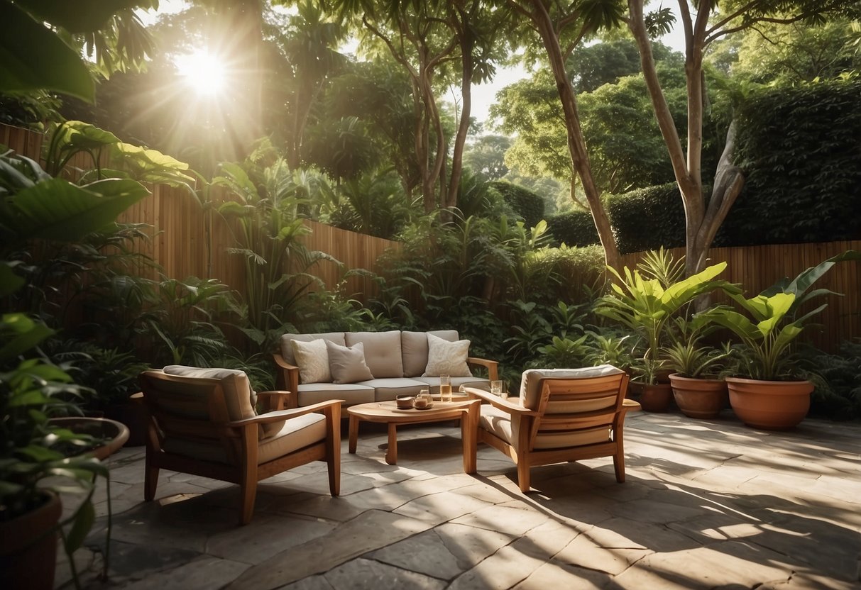 A cozy outdoor patio with teak furniture, surrounded by lush greenery and dappled sunlight filtering through the leaves
