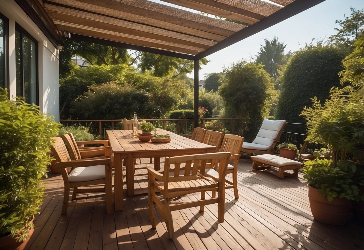 A sunny patio with teak furniture being gently cleaned and oiled, surrounded by lush greenery and a serene atmosphere