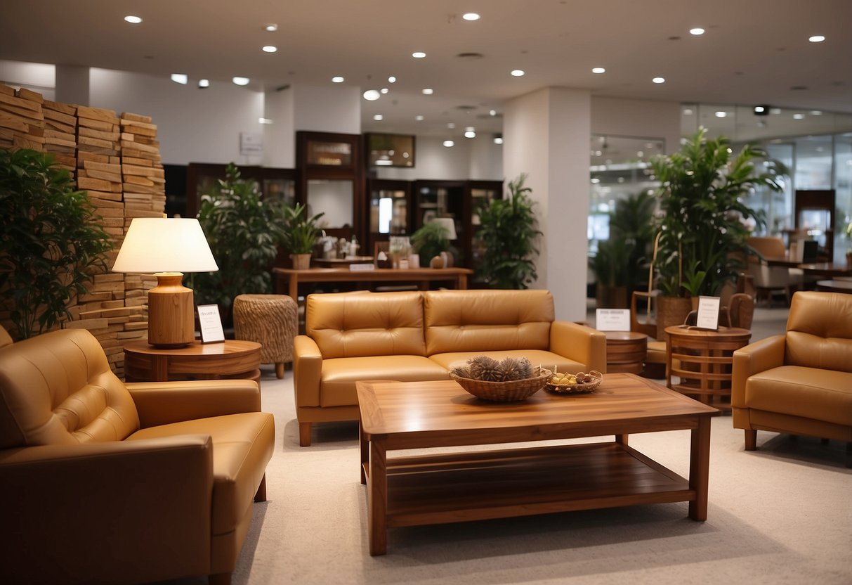 Teak furniture displayed with price tags in a showroom. Customers browsing and asking questions to sales staff