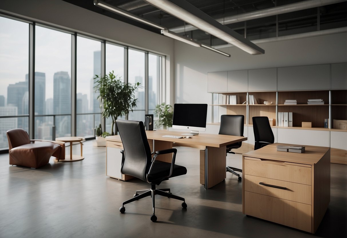 A modern office with sleek and minimalist furniture, including a desk, chair, and filing cabinet. The furniture is made of light-colored wood and metal, creating a professional and organized atmosphere