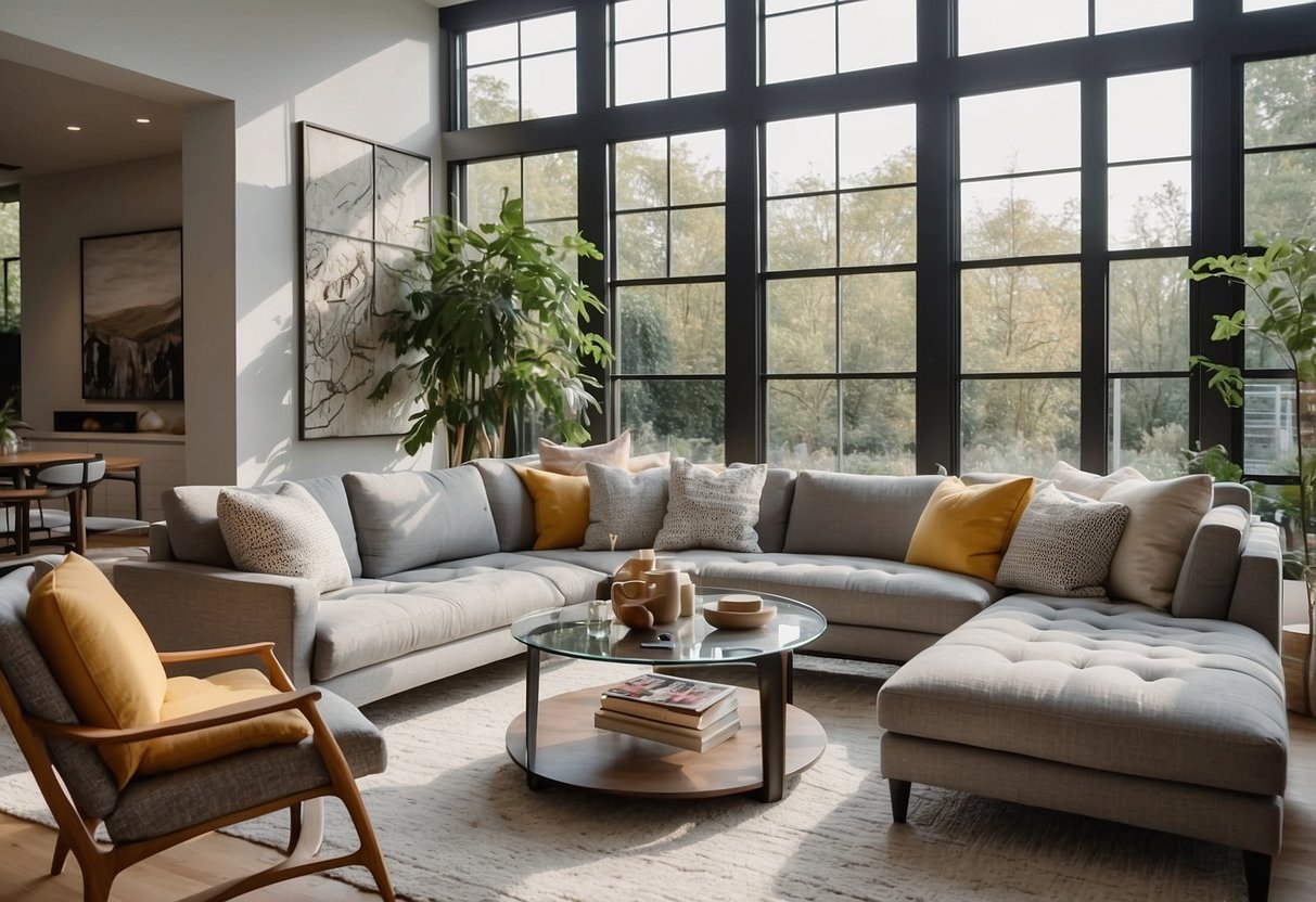 A cozy living room with modern, minimalist furniture. Soft natural light filters through large windows, casting a warm glow on the sleek, clean-lined sofas and coffee table. A statement piece of art hangs on the wall, adding a pop of color to the