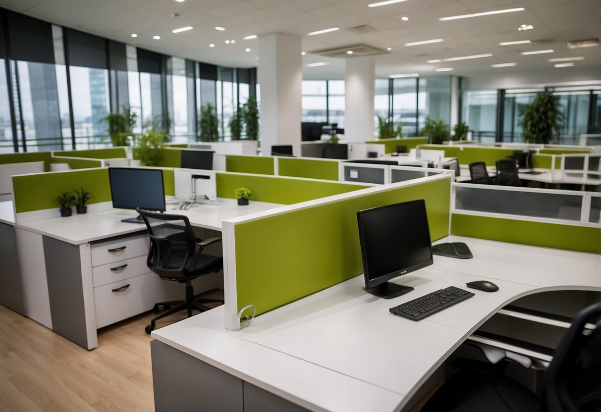 Employees browsing modern office furniture at Auyin Office Furniture Pte. Ltd showroom. Brightly lit space with sleek desks, chairs, and storage units on display