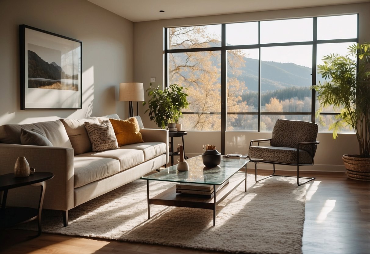 A cozy living room with modern art house furniture, including a sleek sofa, abstract coffee table, and unique accent chairs. Bright natural light streams in through large windows, casting a warm glow on the stylish decor