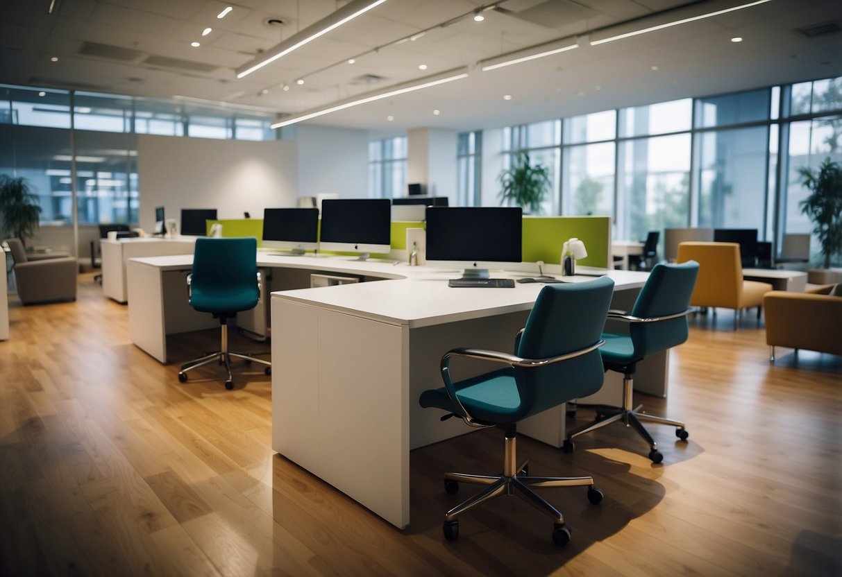 Office furniture arranged in a spacious, well-lit showroom. Customers interacting with various pieces, discussing and examining the quality and design