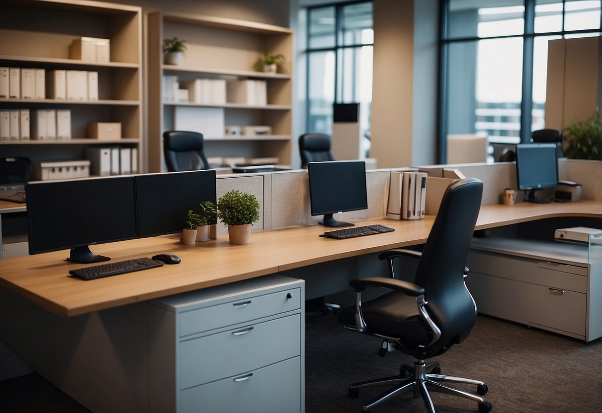 Office furniture arranged neatly with labels and signs. People asking questions and staff providing assistance