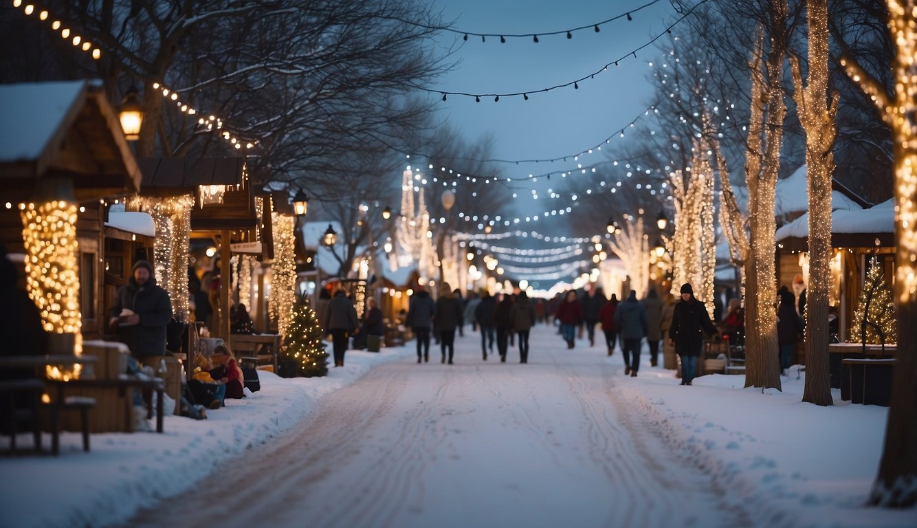 Snow-covered Christmas tree lane with festive markets and twinkling lights in North Dakota