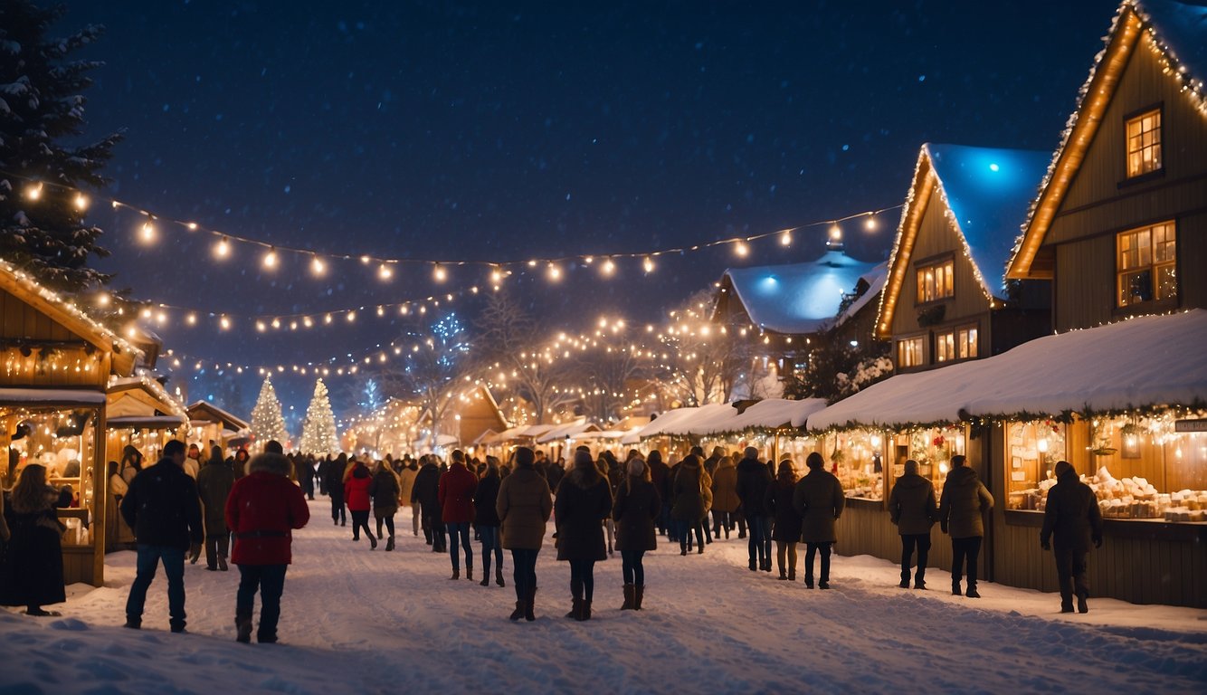 Festive Christmas market at Pioneer Park with colorful stalls, twinkling lights, and joyful carolers. Snow-covered landscape adds to the cozy holiday atmosphere