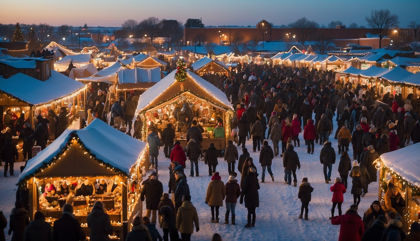 Festive market stalls with twinkling lights, snow-covered roofs, and bustling crowds at the Cavalier Christmas Jamboree in North Dakota, 2024