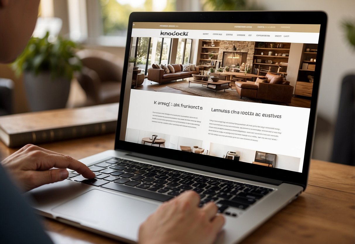 A customer browsing a website with a list of frequently asked questions about Knocknock furniture, with a laptop or mobile device in hand