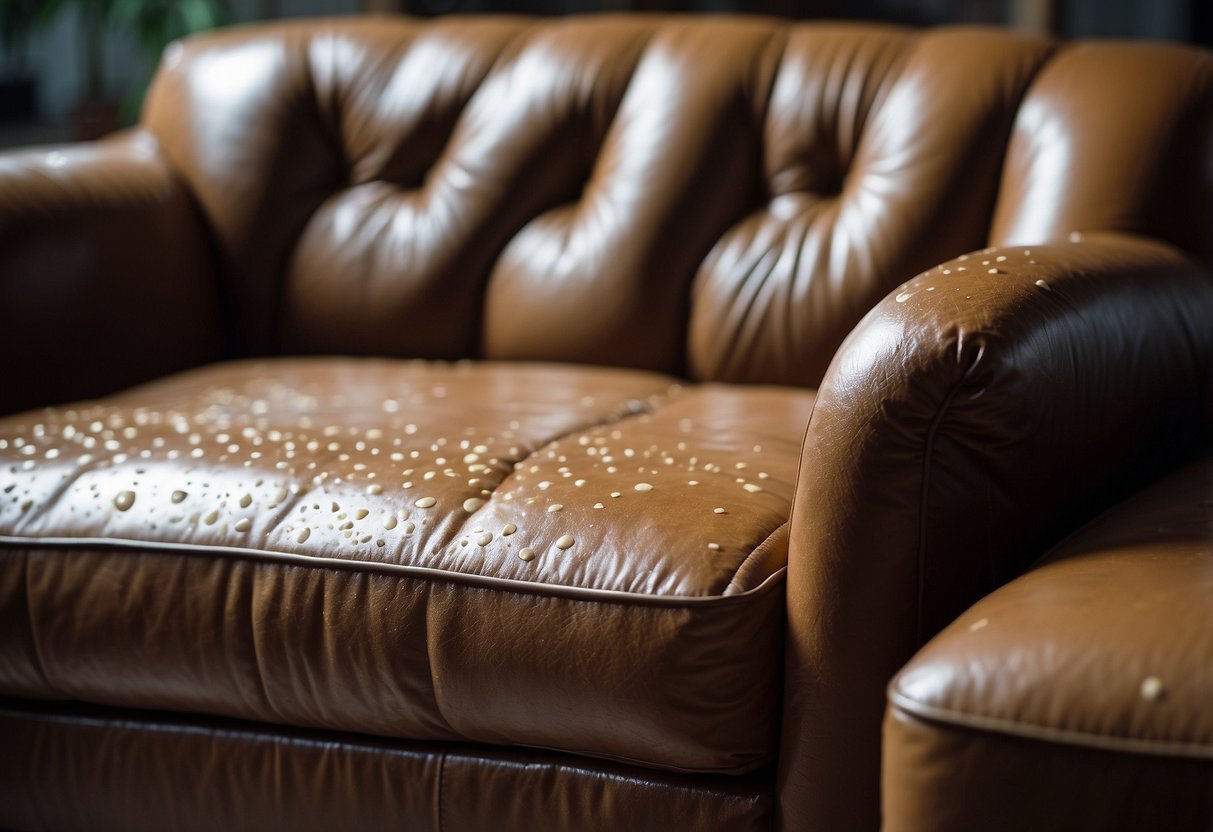 Leather sofa with mildew spots, wiped clean with a damp cloth and mild soap. Preventative measures include regular dusting and keeping the furniture in a well-ventilated area