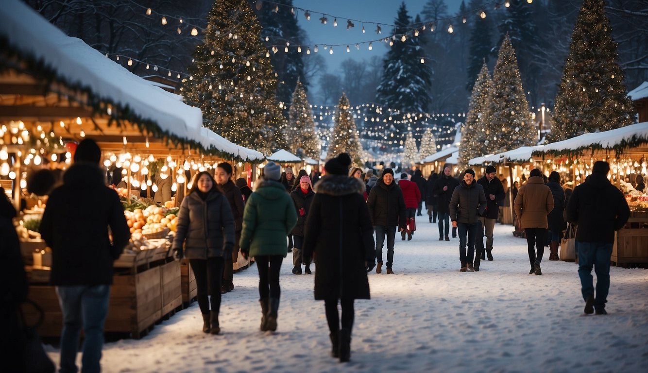 Snow-covered stalls line the plaza, adorned with twinkling lights and festive decorations. A giant Christmas tree stands in the center, surrounded by joyful visitors browsing the market