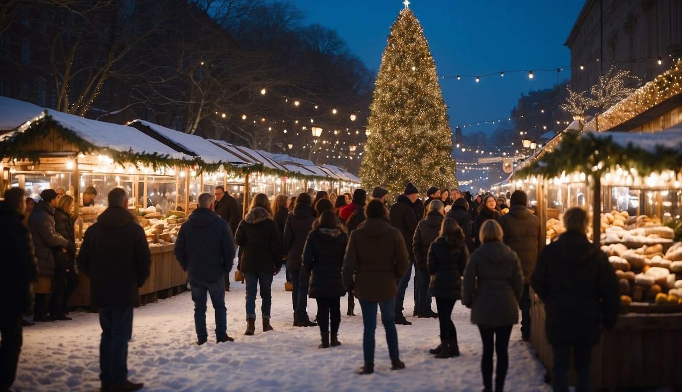 Snow-covered market stalls, adorned with twinkling lights and festive decorations, line the bustling street. A giant Christmas tree stands in the center, surrounded by joyful crowds enjoying the winter fair