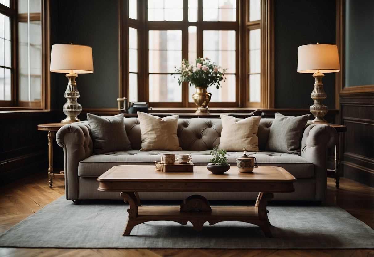 A room with a sleek, contemporary sofa paired with a vintage wooden coffee table and ornate, antique lamps