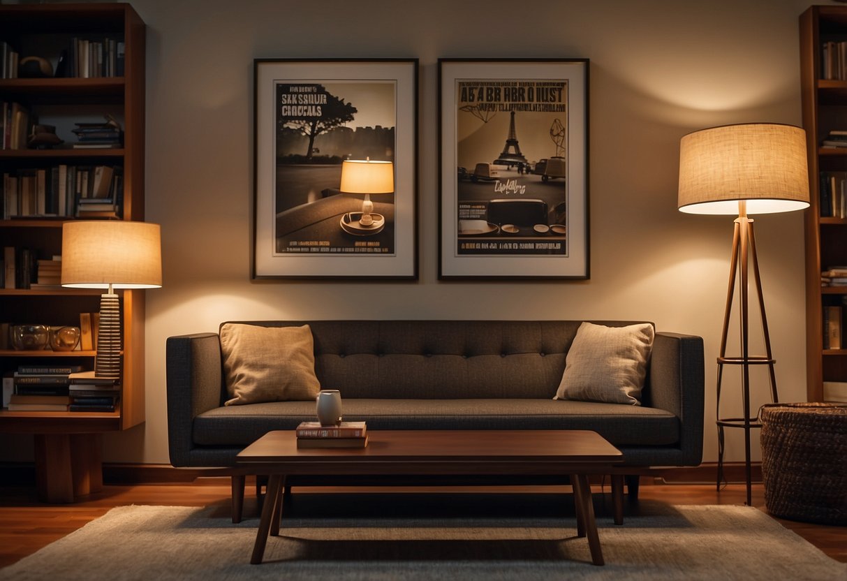 A sleek, mid-century sofa sits alongside a vintage coffee table. A modern floor lamp illuminates the room, casting a warm glow on the antique bookshelf