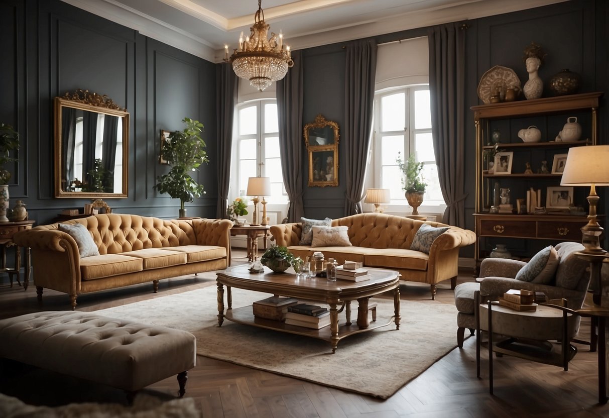 A room with a mix of modern and antique furniture pieces arranged in a harmonious and balanced composition