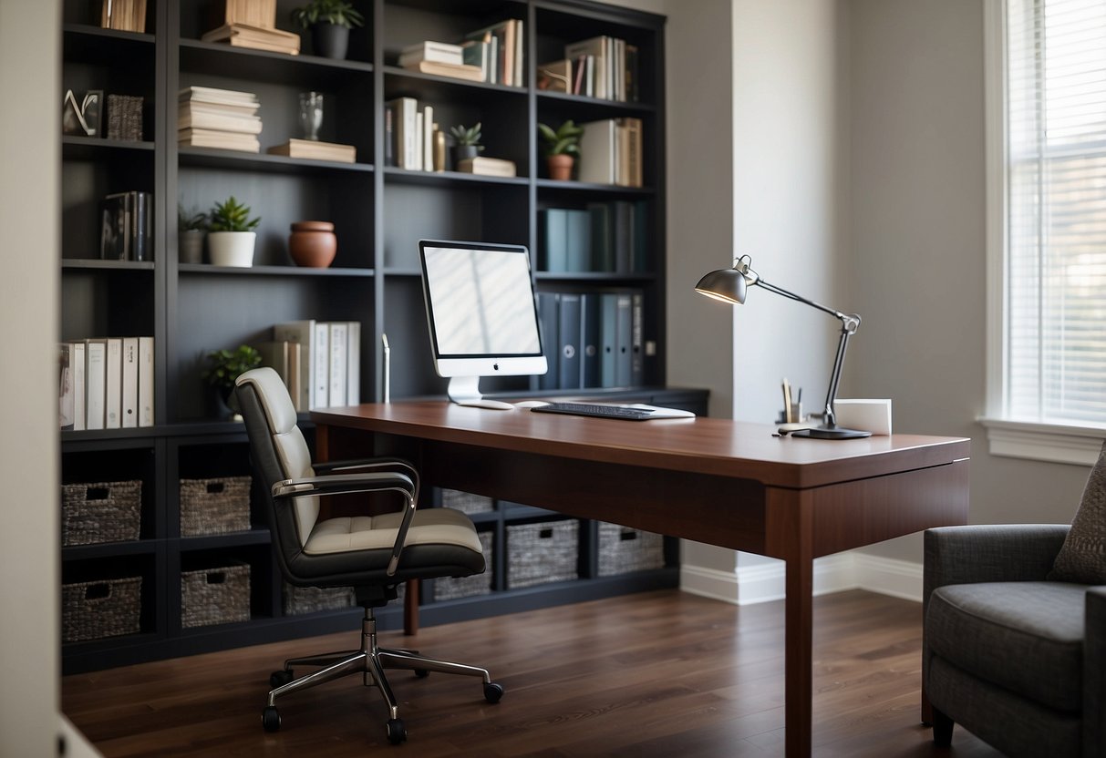 A sleek desk with a matching chair, a contemporary bookshelf, and a minimalist filing cabinet in a well-lit, organized modern home office