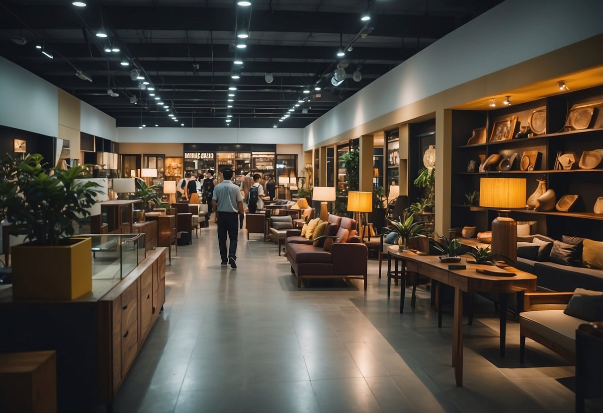 A bustling furniture shop in Bukit Batok, with various pieces on display and customers browsing the selection