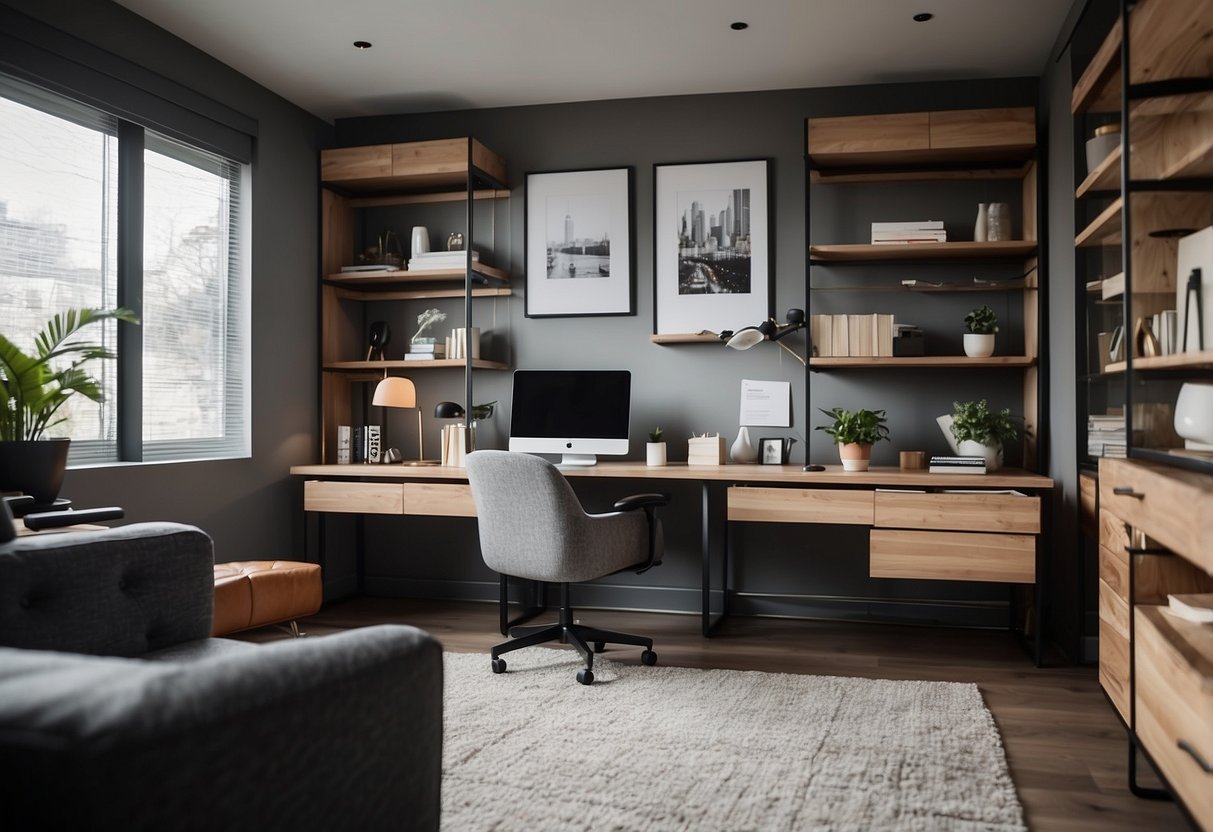 A person selects modern home office furniture sets in a well-lit room with a sleek desk, ergonomic chair, and storage units