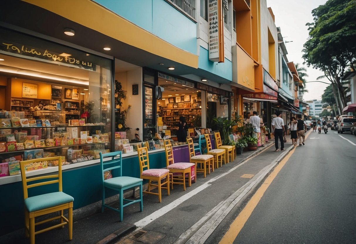 A bustling street in Bukit Batok, lined with colorful furniture shops, each displaying their best-rated pieces in vibrant window displays