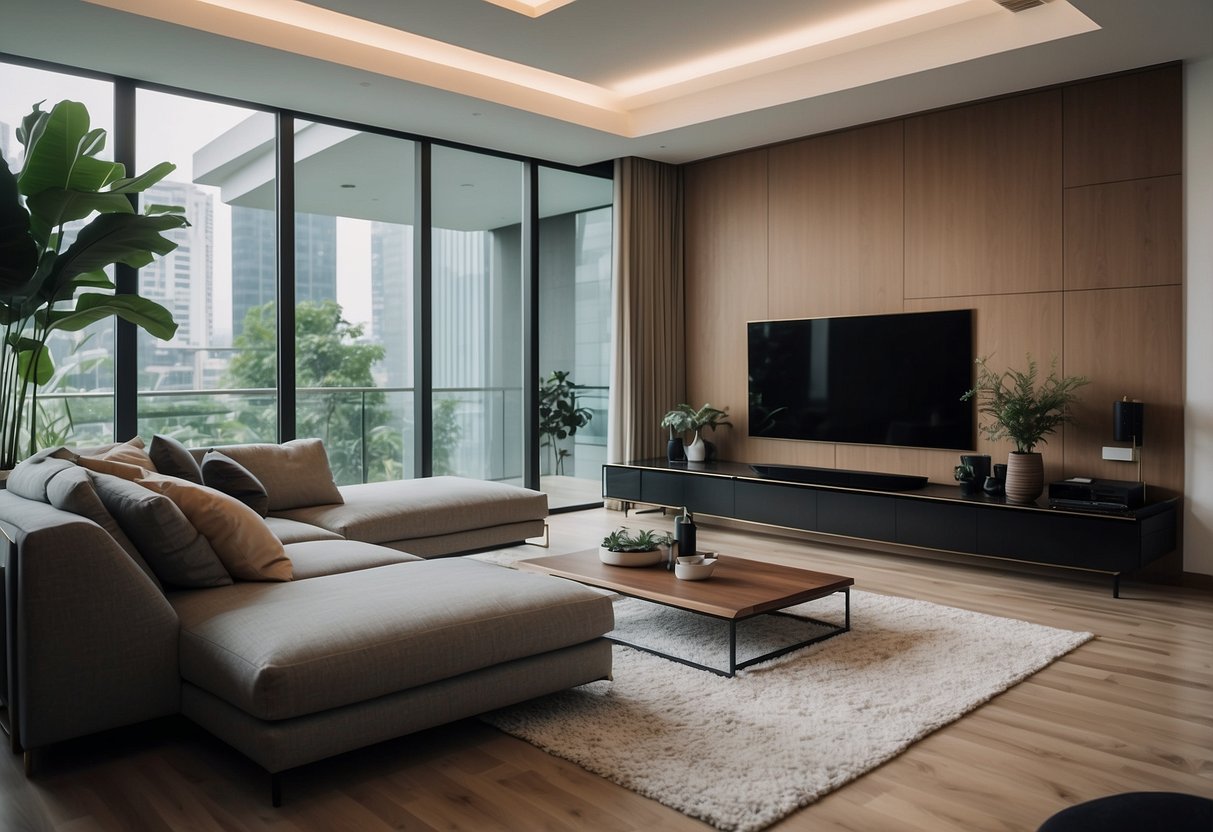 A modern living room with sleek, minimalist furniture in a Singaporean home