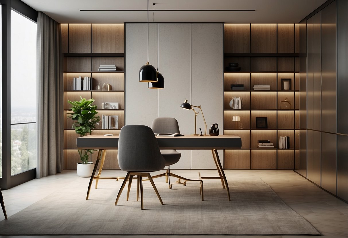 A sleek, minimalist home office with clean lines and neutral colors. The furniture is made of polished wood and metal, with geometric shapes and smooth surfaces for a modern aesthetic
