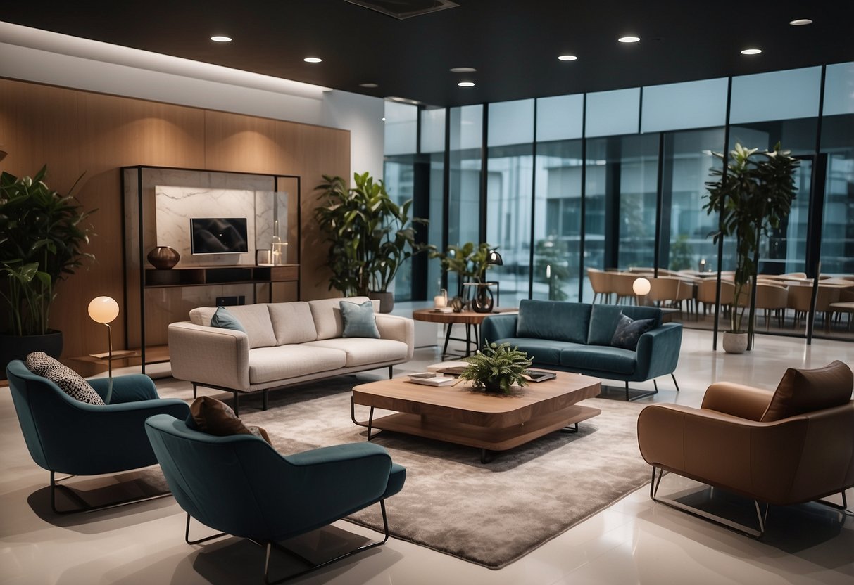 A modern showroom in Singapore displays sleek furniture designs with clean lines and innovative materials