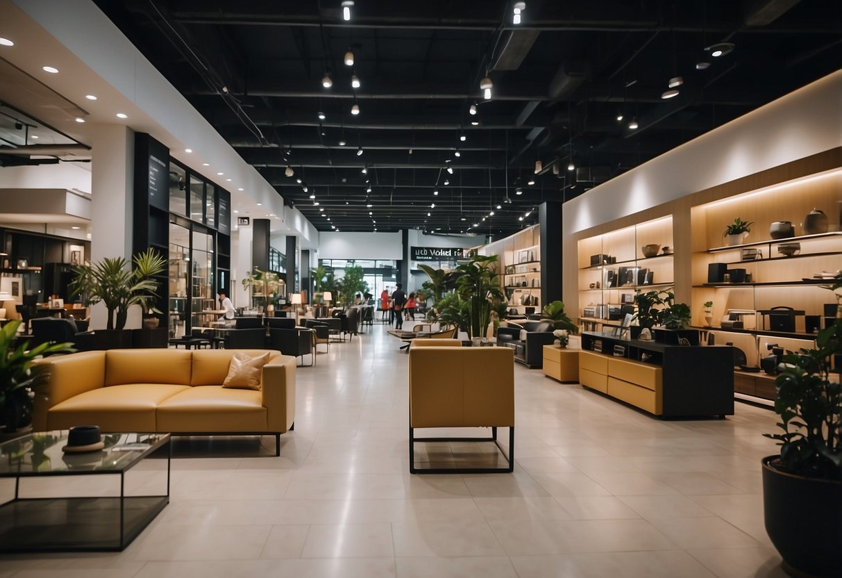 A bustling furniture shop in Bukit Batok, filled with an array of stylish and modern pieces. Customers browse through the displays, while staff members assist with inquiries and purchases