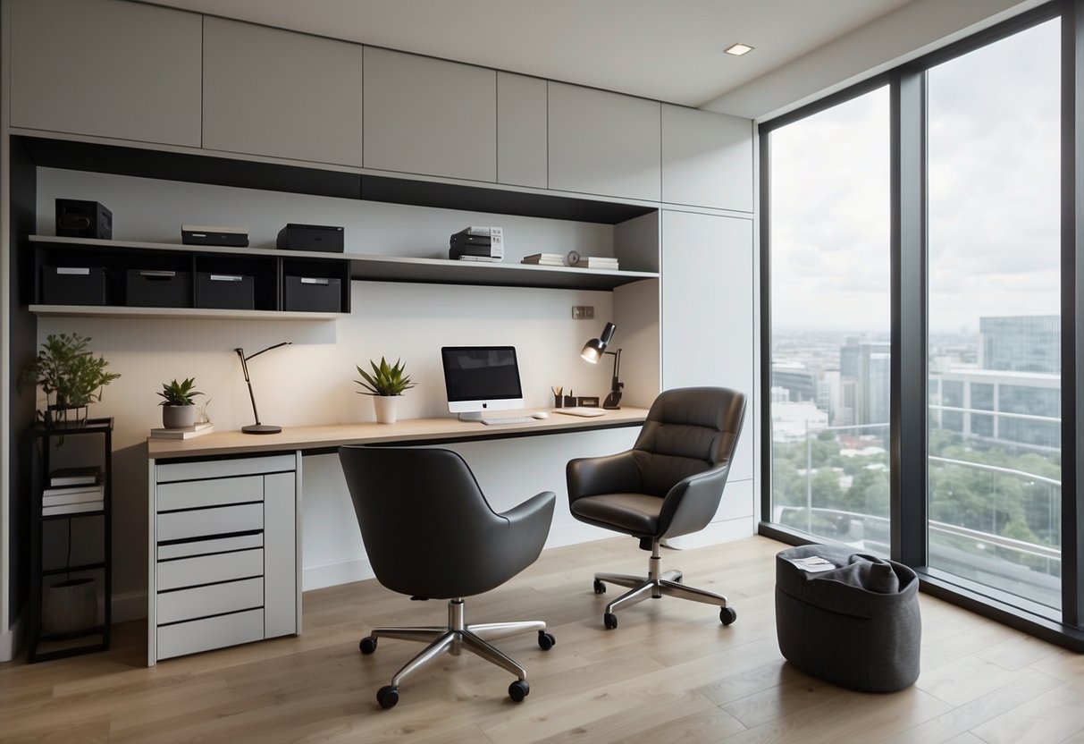 A sleek, contemporary home office with a minimalist desk, ergonomic chair, and storage units. Clean lines and neutral colors create a professional yet inviting workspace
