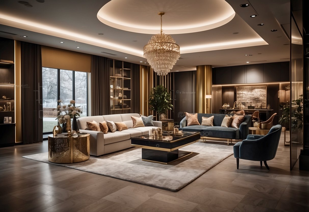Luxurious furniture brands displayed in a showroom with elegant designs and high-quality materials. Brand logos and signature pieces are prominently featured