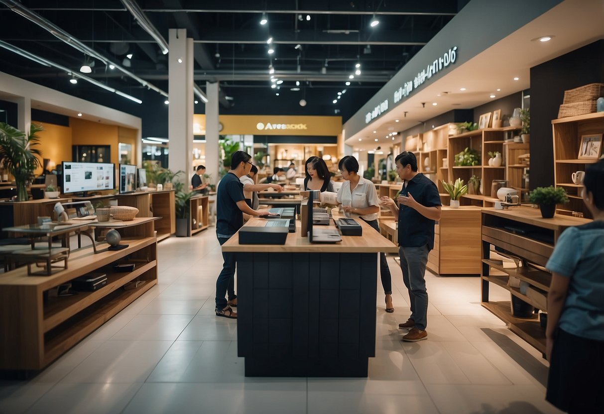 A busy furniture shop in Bukit Batok, with customers browsing and staff assisting. Various pieces of furniture are displayed throughout the store