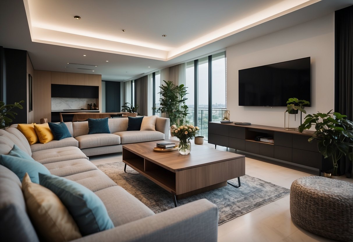 A modern living room with sleek, customizable furniture in Singapore. Bright, open space with clean lines and pops of color