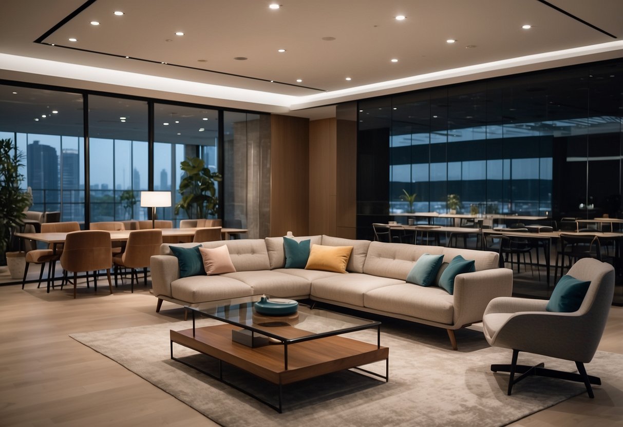 A sleek, modern furniture showroom in Singapore features a display of FAQ design pieces. Bright lighting highlights the clean lines and elegant finishes of the furniture