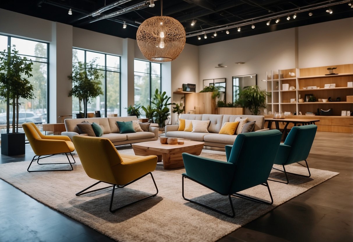 A modern, eco-friendly furniture showroom with sleek designs and sustainable materials. Innovative pieces from top brands on display